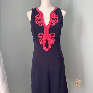 Lilly Pulitzer Janice Knit Shift in Navy and coral.